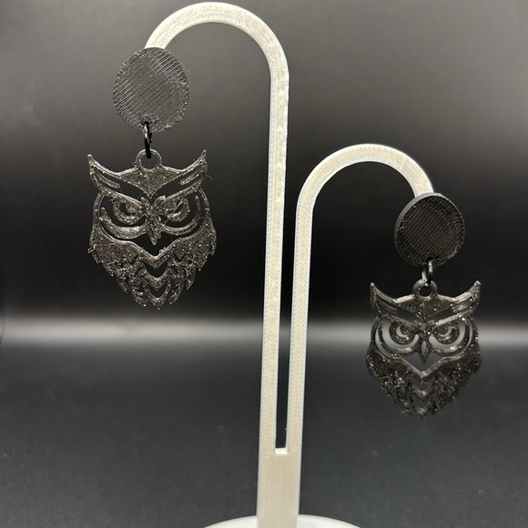 Black Glitter Owl Earrings - Picture 4 of 4